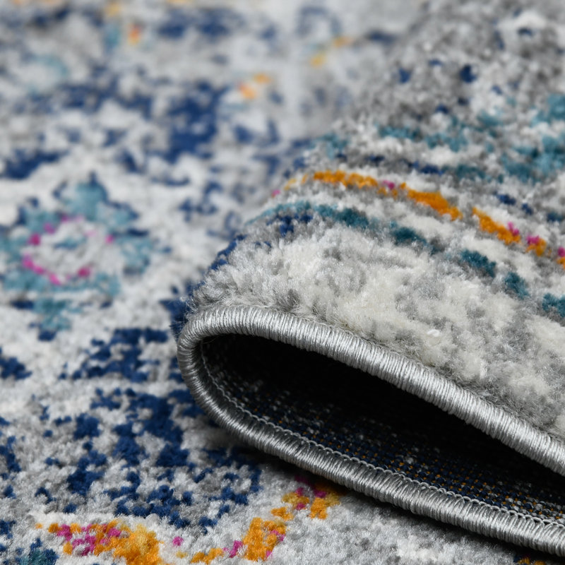 Blue and Orange Rectangular Synthetic Reversible Area Rug