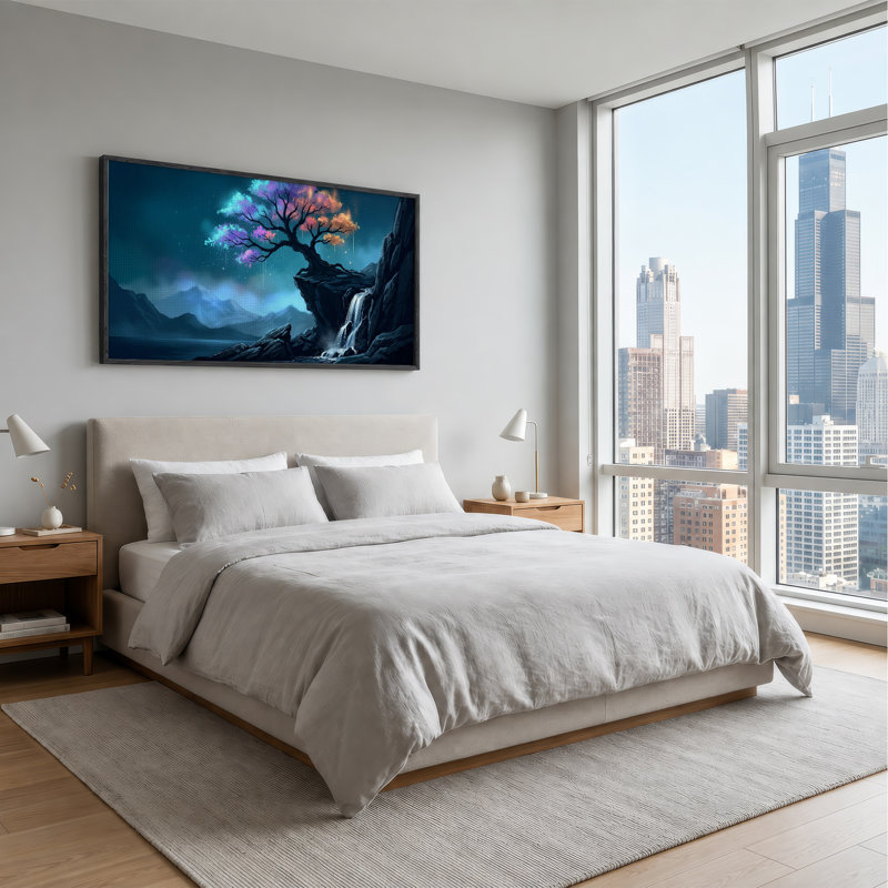 Arbre lumineux sur falaise rocheuse avec cascade et toile murale brumeuse, 46“W x 24”H