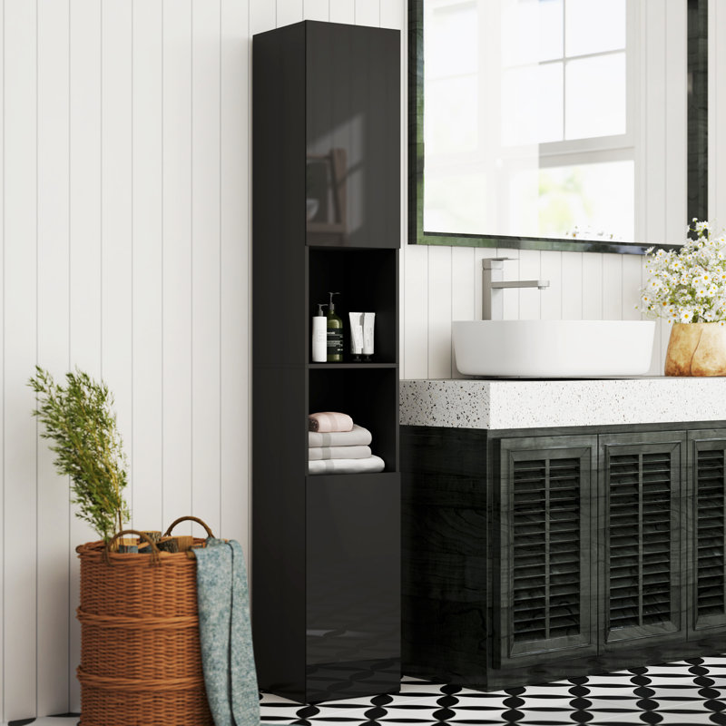 Armoire de salle de bain ultrabrillante avec porte et tablettes, noir