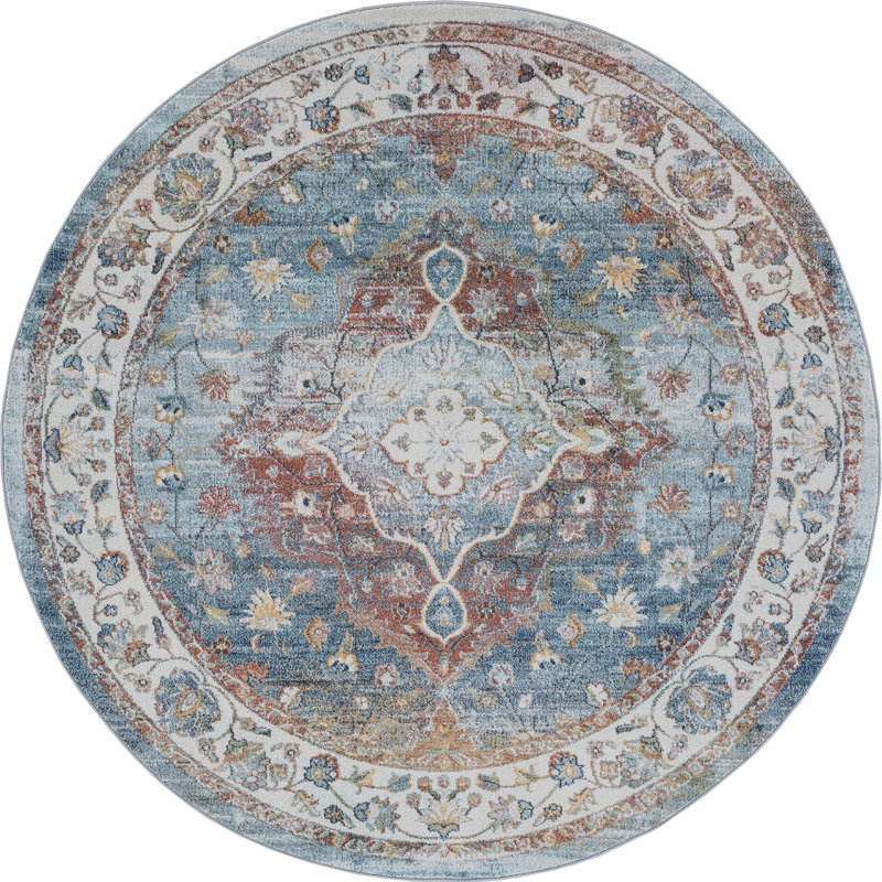 Oriental Chic Farmhouse Blue/Cream Area Rug, Round 5'3"
