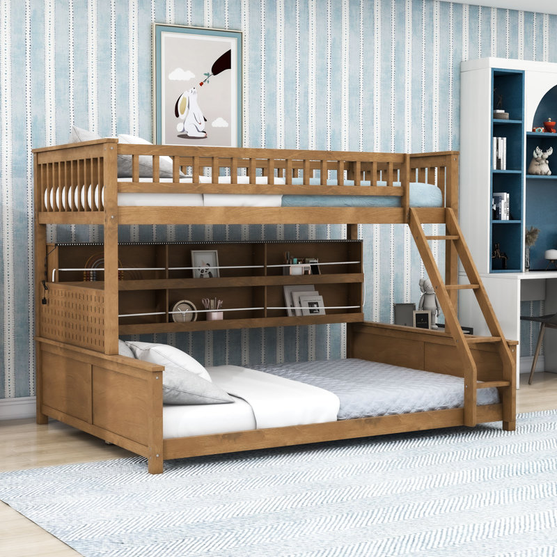 Lit superposé convertible en bois avec tablettes de rangement, Simple TG sur grand, Brun