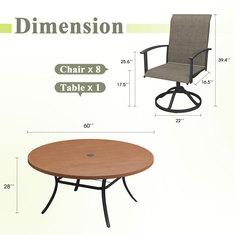 Ensemble de salle à manger de 60 po pour 8 personnes avec chaises pivotantes PVC-coated polyester, Brun bois brossé / brun