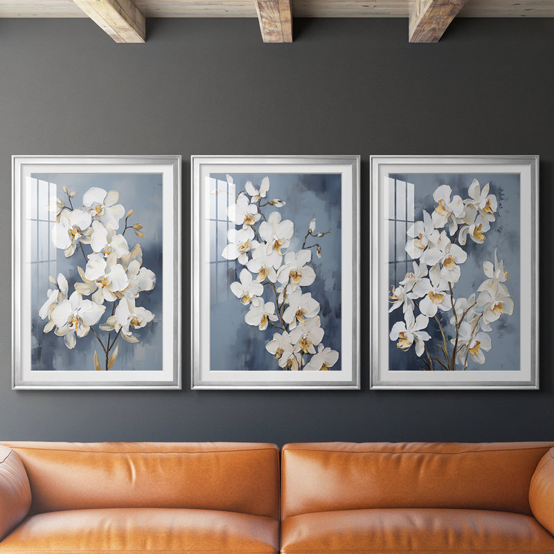 FLORAL Series CLxxxx - Impression encadrée sur mesure de qualité supérieure - 3 pièces, H 21 po x l 30 po, Argent argent