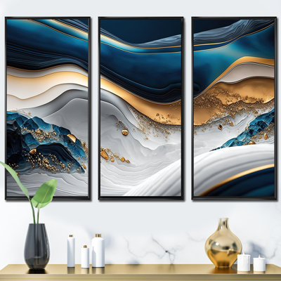 «Abstract Geode Waves Blue II», reproduction sur toile 3 pièces
