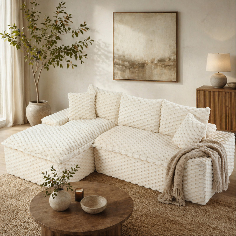 Canapé polyvalent en velours blanc tortue: siège convertible à deux places avec méridienne gauche (inclinable à gauche pour plus de confort), avec sièges en face à face, permutable entre la forme en L et la droite