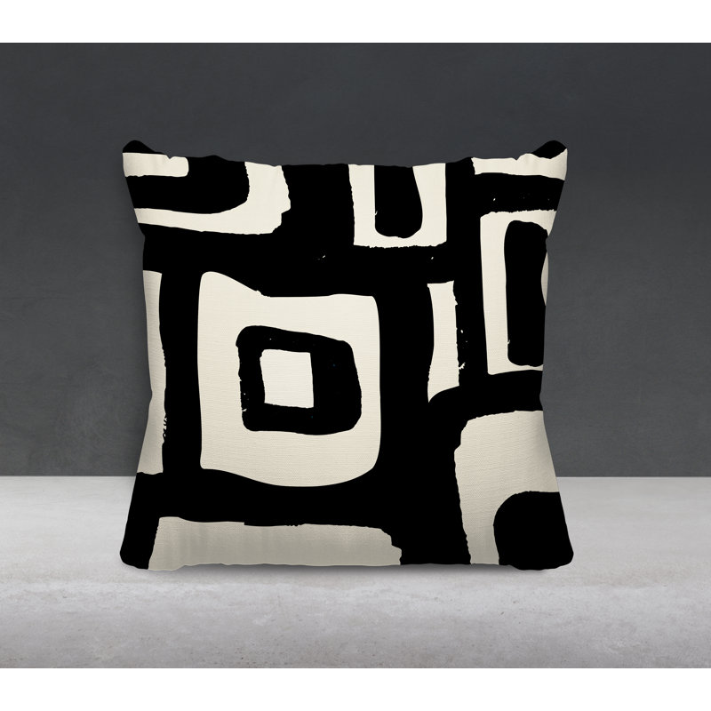 Coussin intérieur / extérieur en polyester filé Banksy, 15 po x 15 po, Noir / Blanc cassé
