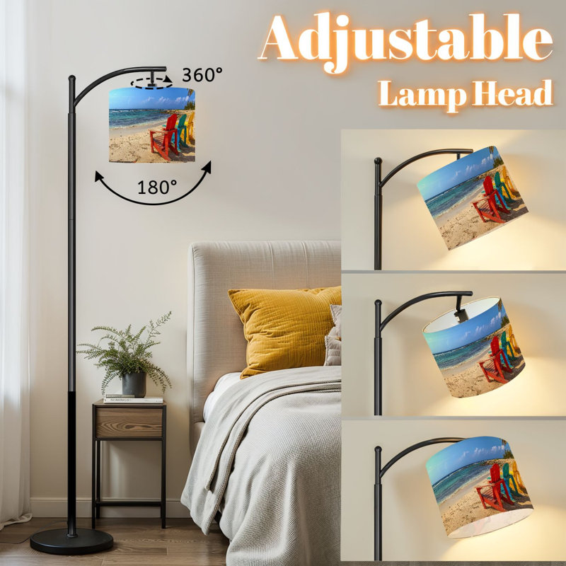 Lampe sur pied à arc avec abat-jour réglable Tropical Beach Chaises colorées Coastal Ocean Coastline Landscape Lampadaire