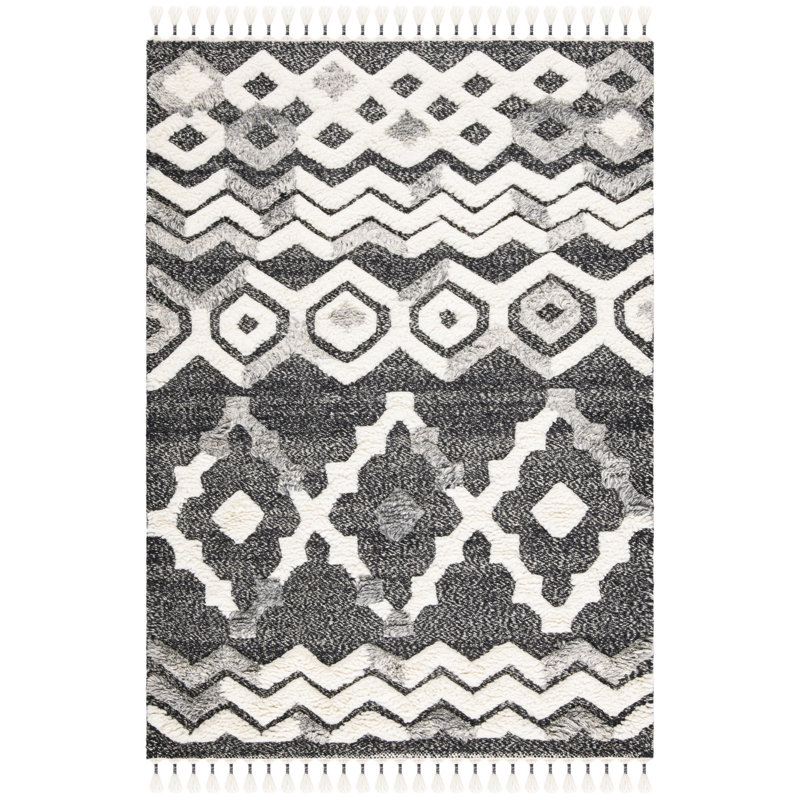 Tapis gris / blanc en laine noué à la main Castaneda, Rectangle 4 pi x 6 pi