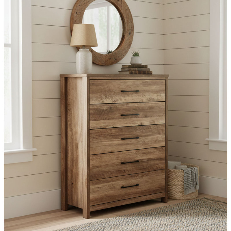 Selena Slide Logic 5 Drawer Dresser, Brown
