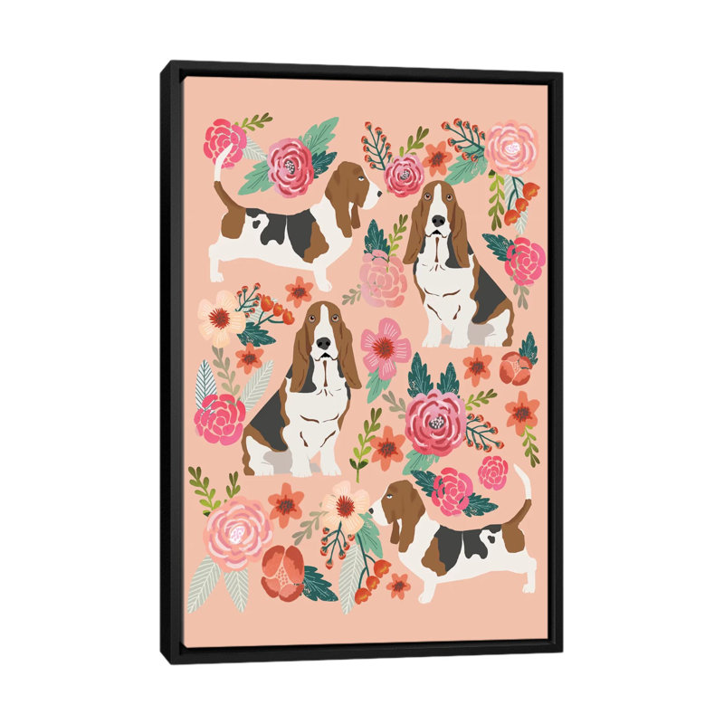 Collage floral basset hound, impression sur toile tendue, Toile avec cadre noir, Pas de tapis, H 48 po x l 32 po x P 1,5 po