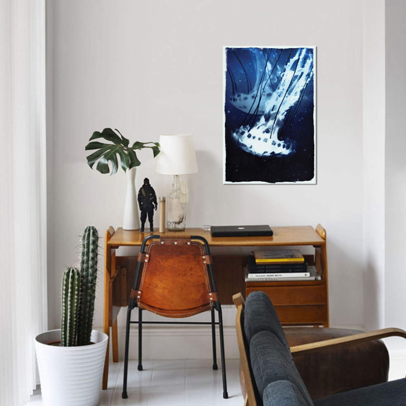 « indigo jellyfish », impression sur toile, H 18 po x l 12 po x P 1,5 po, Pas de tapis, Toile tendue