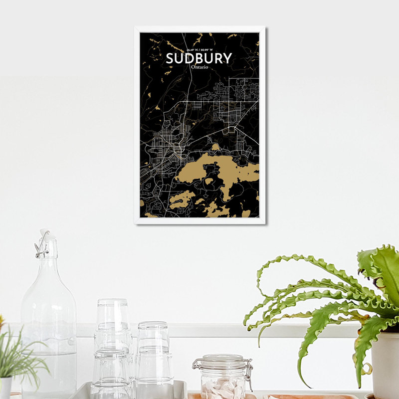 " Sudbury Canada City Map ", 17" H x 11" W, Black/Gold