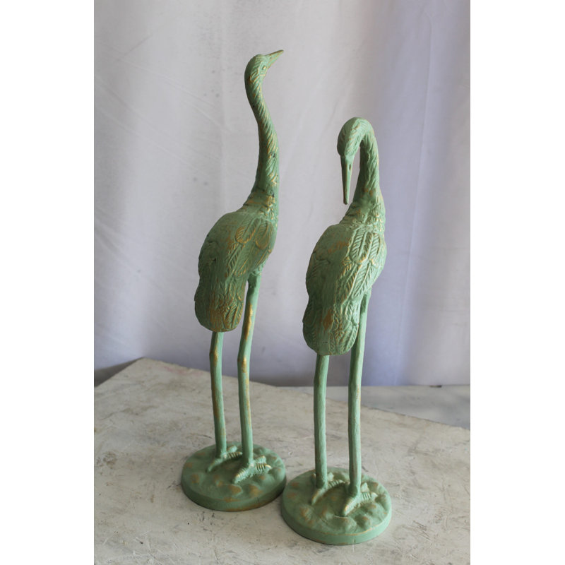 Pair of Green Patina Aluminum Crane Sculptures 24" x 14" x 42"H
