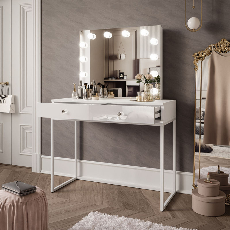 Anashima Dressing Table with Mirror, White/White high gloss/White crystal