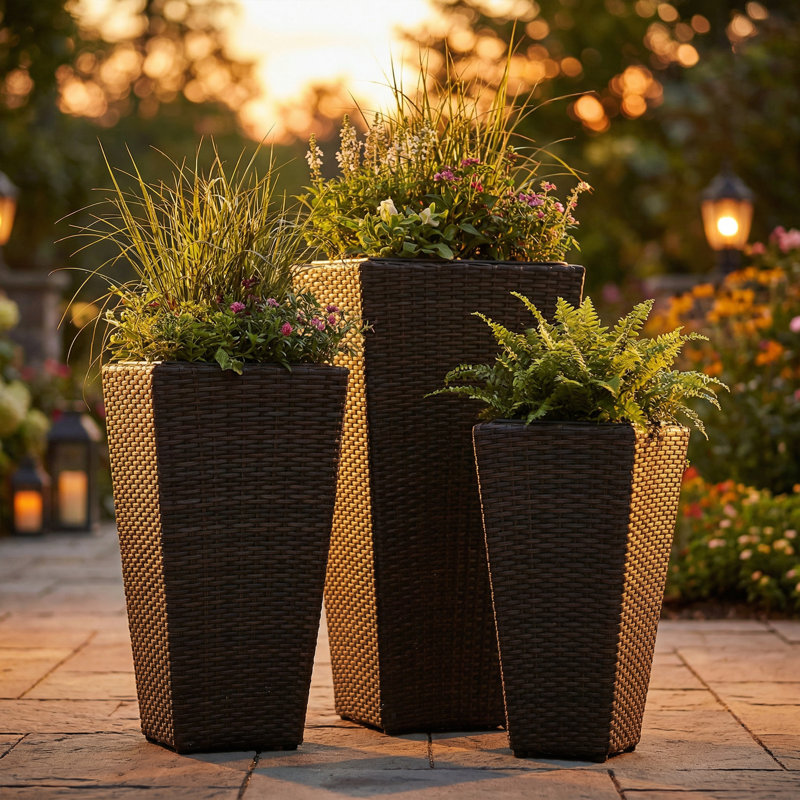 Ensemble de 3 pots à fleurs carrés en rotin Polyrattan - brun