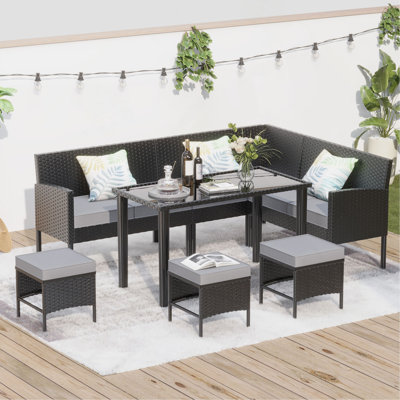 Small Space Patio Furniture 7-Piece Outdoor Furniture Set, Backyard Furniture Set, Waterproof Seat Cushion, Glass Table, Space Saving, Suitable For Backyard, Terrace Or Garden