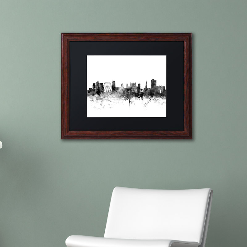 «Nottingham England Skyline B&W», impression encadrée, H 11 po x l 14 po x P 0,5 po, Cadre brun, Noir