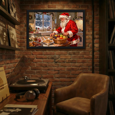 Christmas Santa Claus In Kitchen With Cookies And Fruit