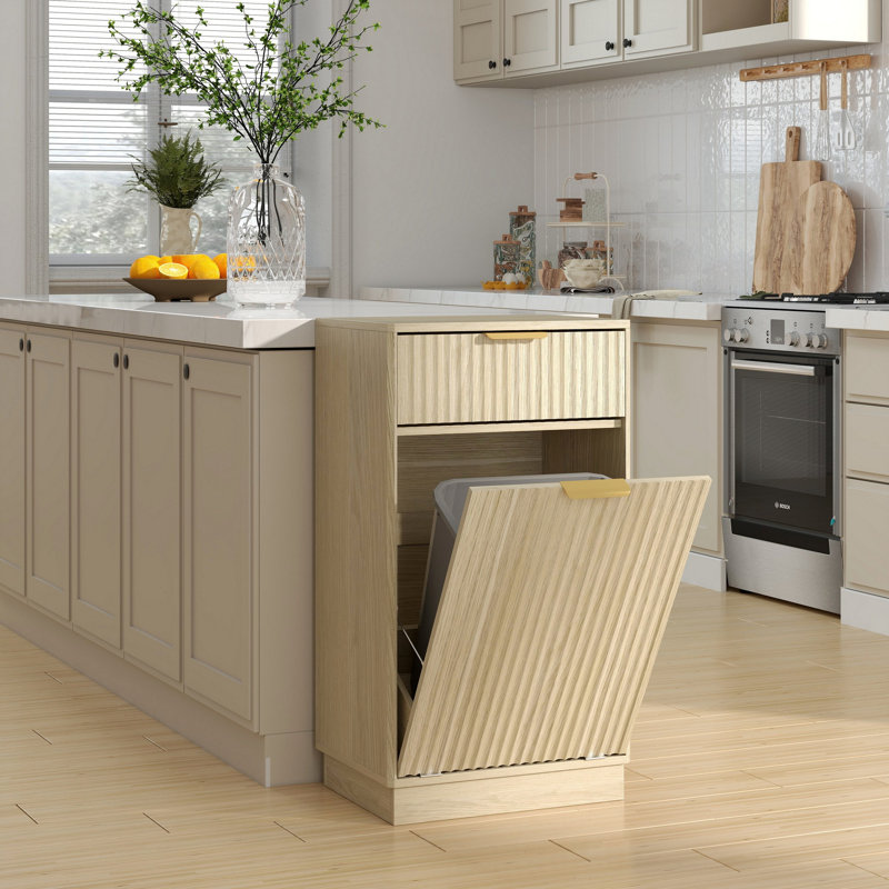 10-Gallon Woodgrain Tilt-Out Trash Can Cabinet Wooden Garbage Recycling Cabinet With Wave-Textured Hideaway Drawer&Pull-Out Bin-Multipurpose Kitchen/Bath Organizer