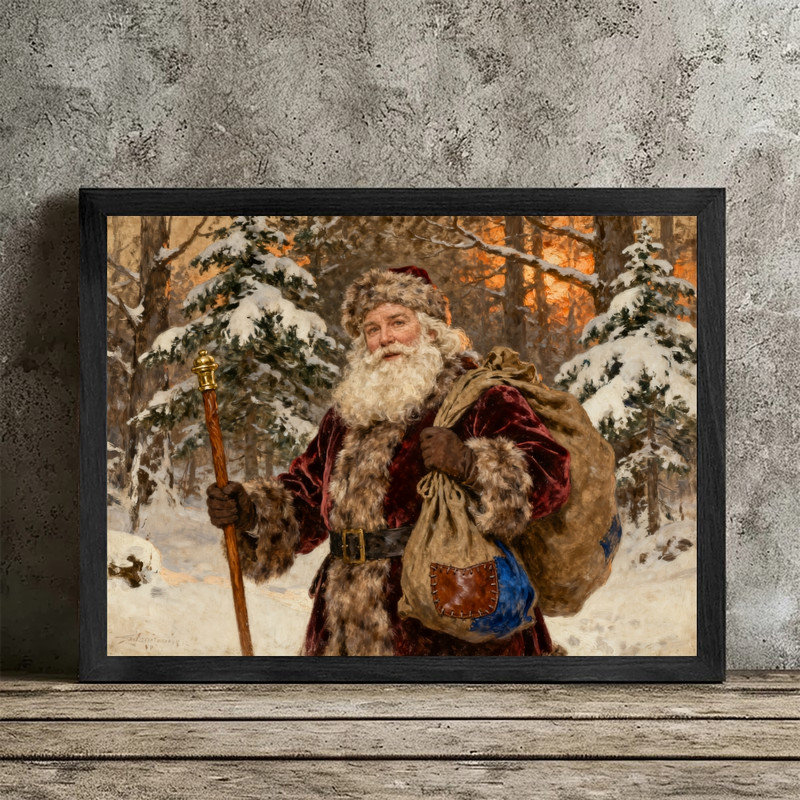 Art mural rétro noir encadré père Noël, H 11 po x l 9 po