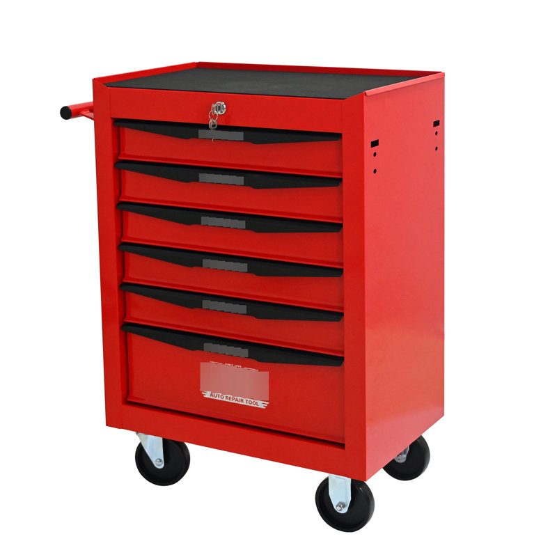 Boîte de rangement pour outils à 6 tiroirs de 20,86 po de profondeur, noir et bleu, comptoir lisse, verrouillable, coffre en métal à 4 roulettes, 2 roues universelles avec freins, verrouillage par clé