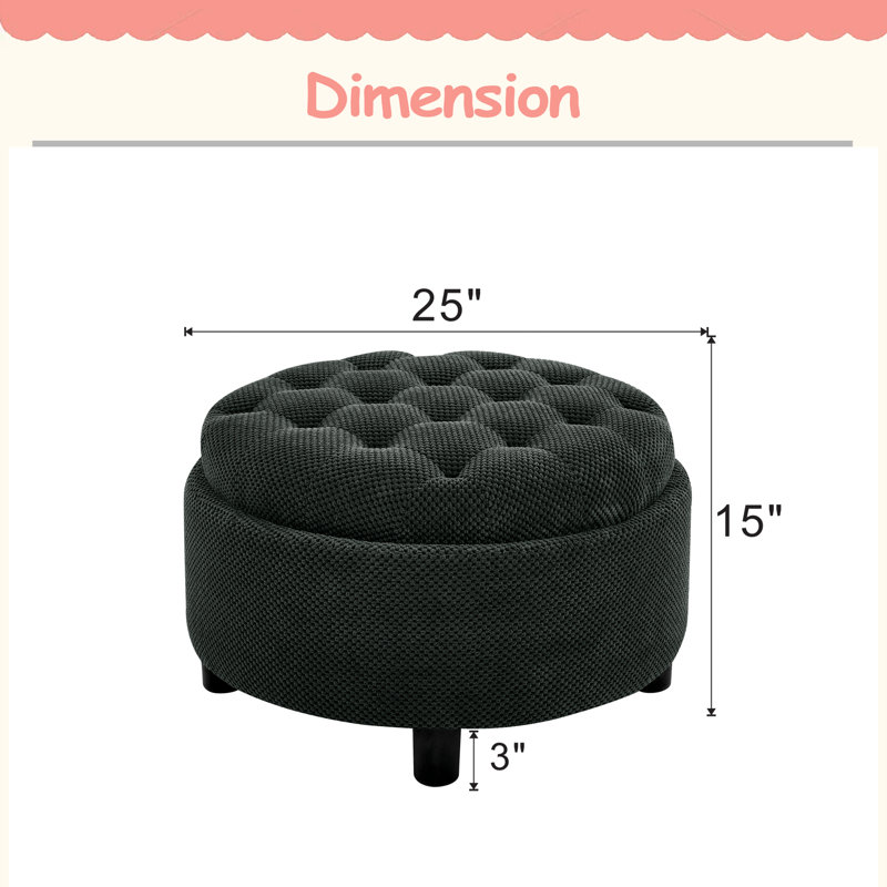 Repose-pieds de rangement de 25 po, repose-pieds rond, repose-pieds de table basse, table d'appoint à plateau en bois, pouf rembourré en tissu