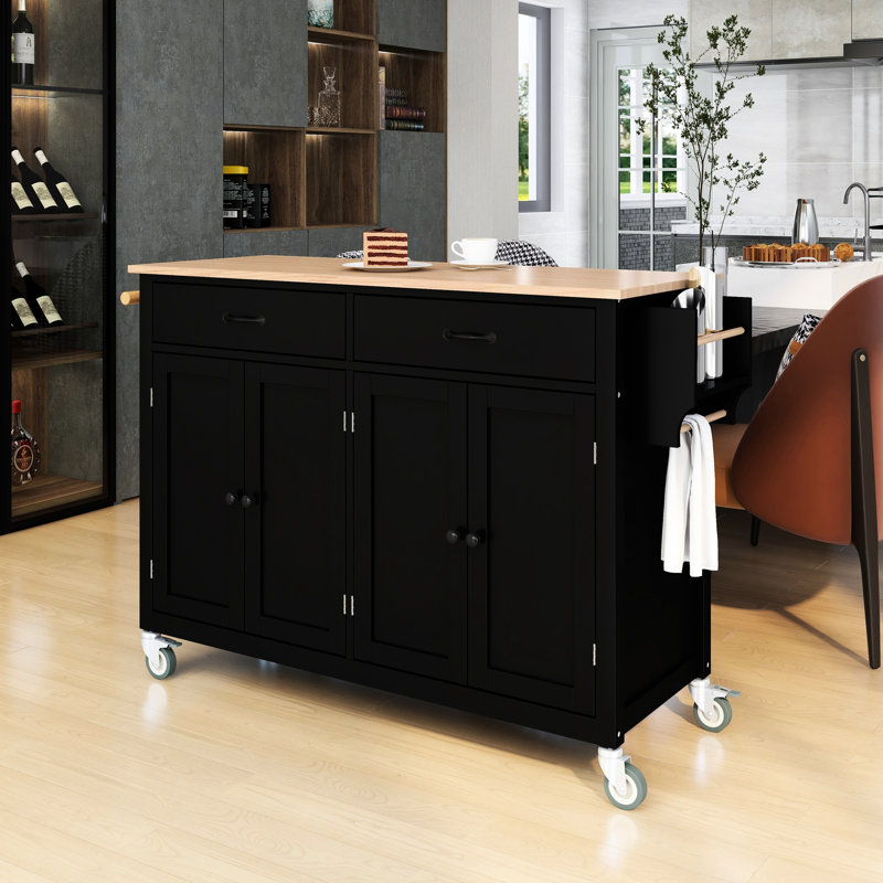 Chariot pour îlot de cuisine en bois massif de couleur noire, armoire à 4 portes, 2 tiroirs, porte-serviettes et support mobile mobile verrouillable réglable avec surface, mobile