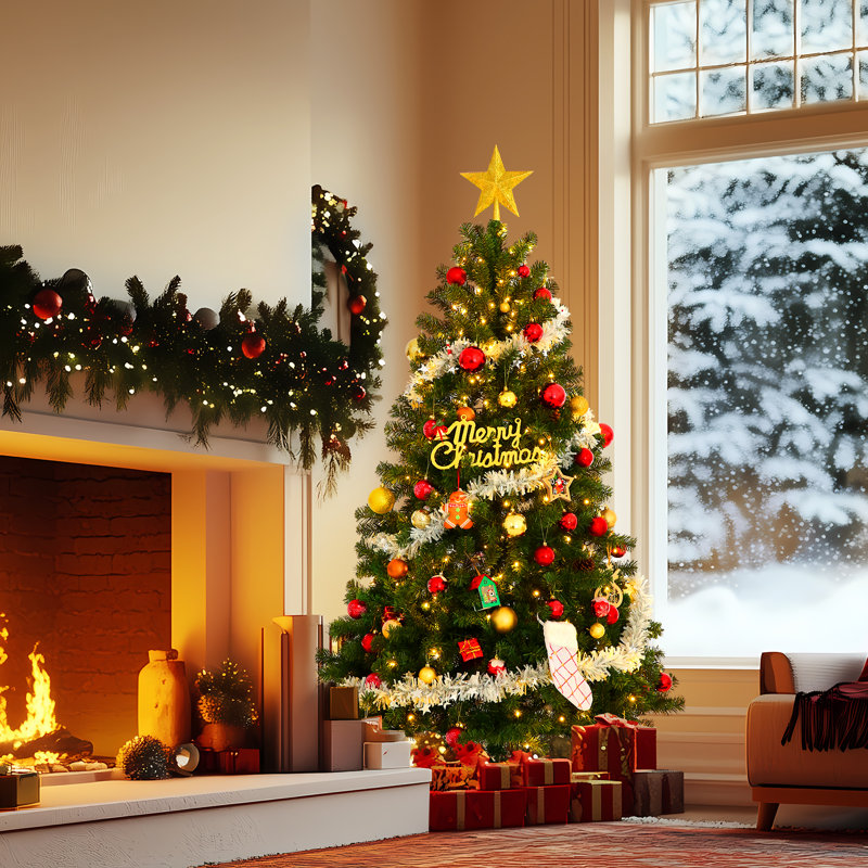 6ft Green Pre-lit Artificial Pine Christmas Tree with Warm White Lights