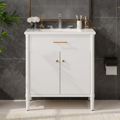 30 Inches Bathroom Vanity with Sink, Bathroom Cabinet with Soft Close Doors and Adjustable Shelf, Curved Profile Design, Rubber Wood Legs