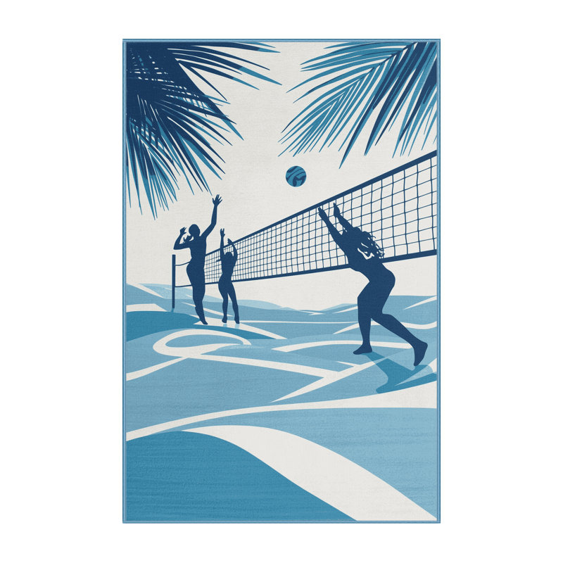 Machine Washable Aust Beach Volleyball Scene Beachy Rug in Beige – BabyBlue Binding, 3x5