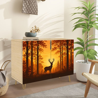 Sideboard Buffet Cabinet with Storage Deer antlers posing forest silhouettes trees Magical misty landscape with 2 Doors for Living Room and Kitchen