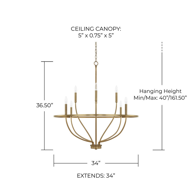 Lustre de style bougie Babson, Laiton vieilli, 8, H 36,5 po x l 34 po x P 34 po