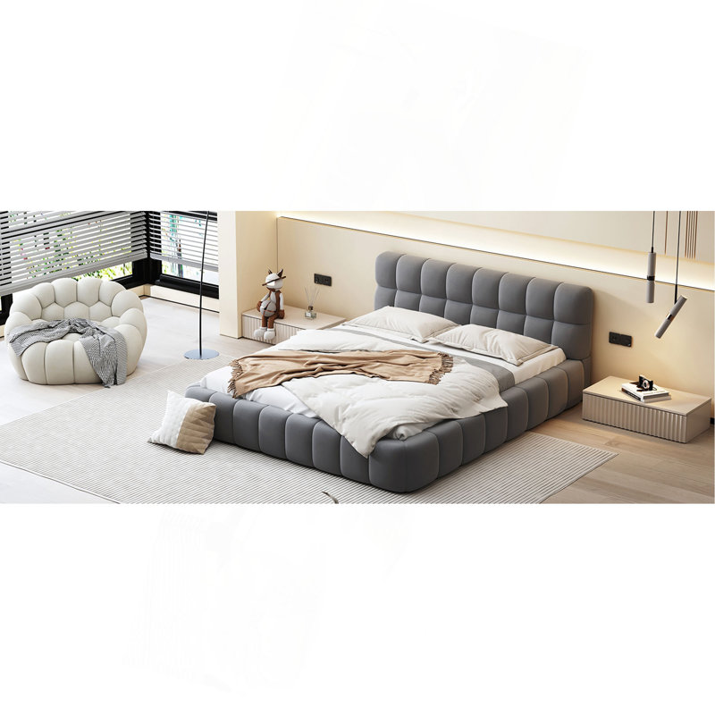 Queen Size Upholstered Platform Bed With Thick Fabric, Grounded Bed With Solid Frame, Gray