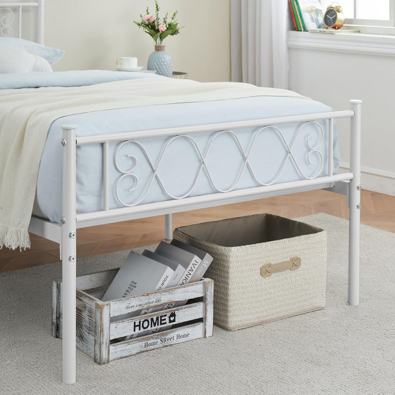 Modern Metal Platform Bed Frame with Headboard & Footboard, White, Twin