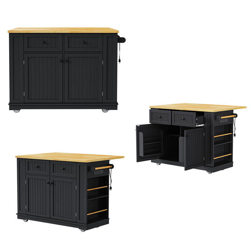 48" Rolling Kitchen Island With Drop Leaf And Built-In Power Outlet - Black, Black