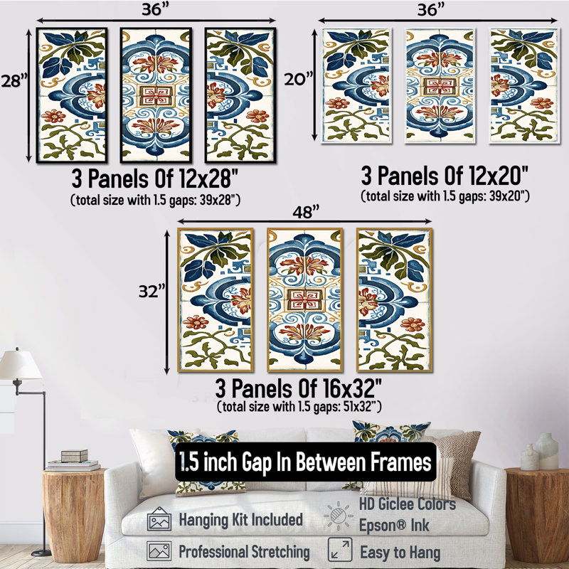 " Mediterranean Tiles In Retro Blue I " 3 - Pieces, 20" H x 36" W x 1" D, White Framed Canvas