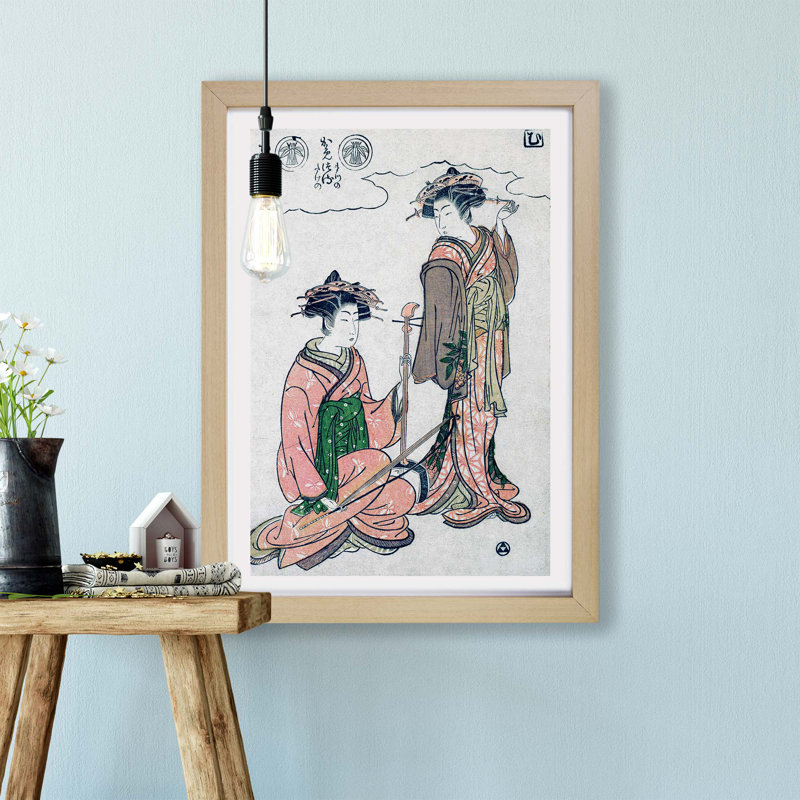 Two Geisha by Isoda Koryusai - Single Picture Frame Painting, Oak, 45cm H x 63cm W x 2cm D