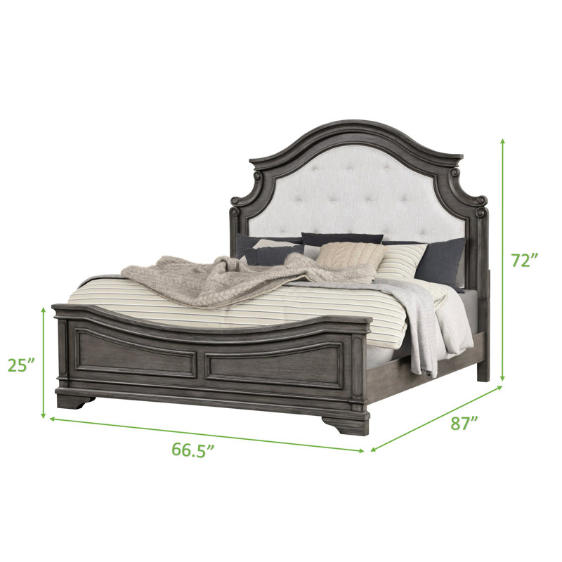 Grand lit de style traditionnel gris rustique avec revêtement rembourré et fabrication en bois franc durable