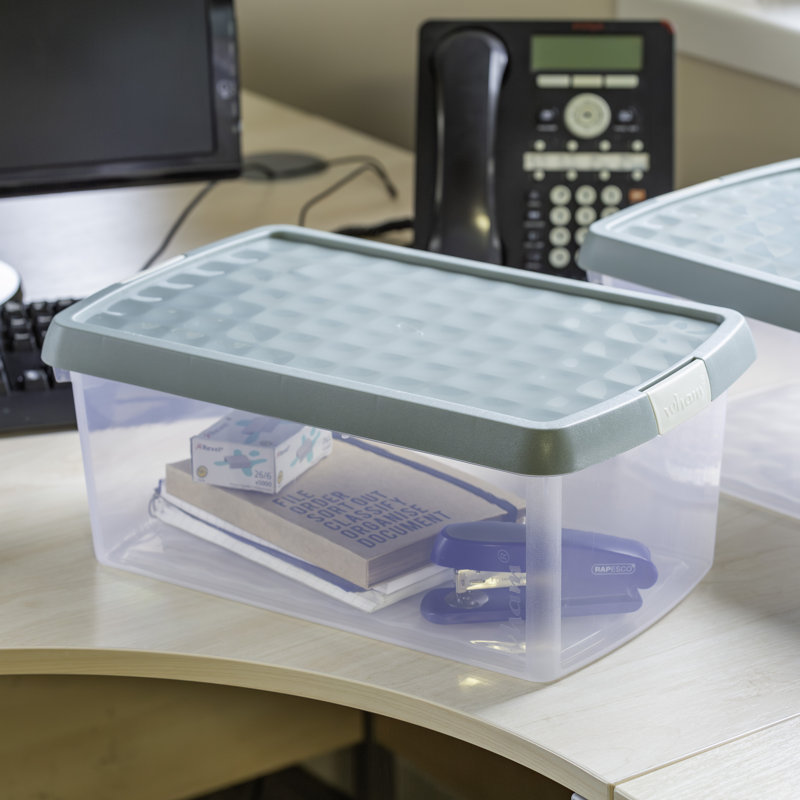 Wham Clip 3x 7L Rectangular Plastic Storage Boxes with Secure Clip Lock Lids. L:39 x W:24 x H:10.5cm Clear/Green Milieu/Stone
