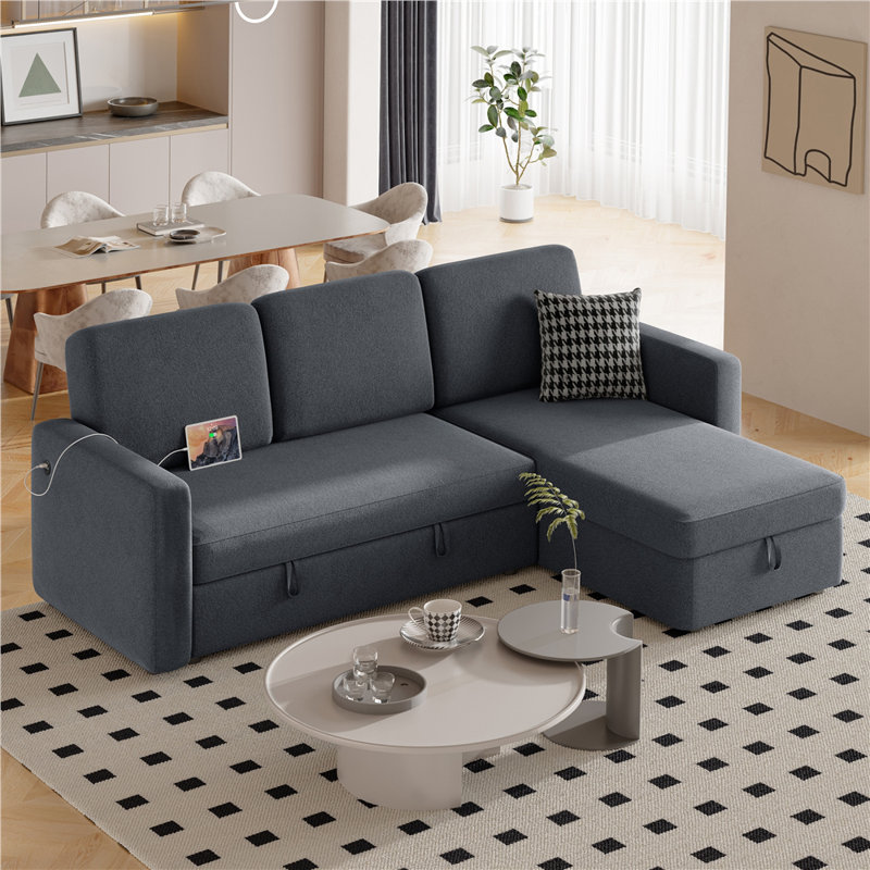 Evaro 69.5'' W Reversible Sleeper Sectional Sofa with USB Outlet, Gray Linen