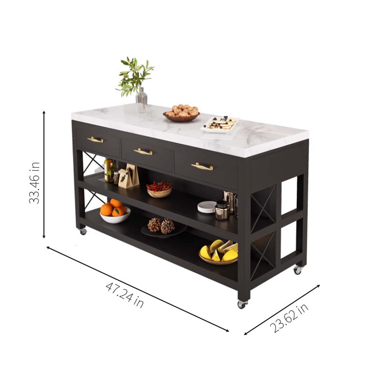 Îlot de marbre mobile, comptoir à base en métal