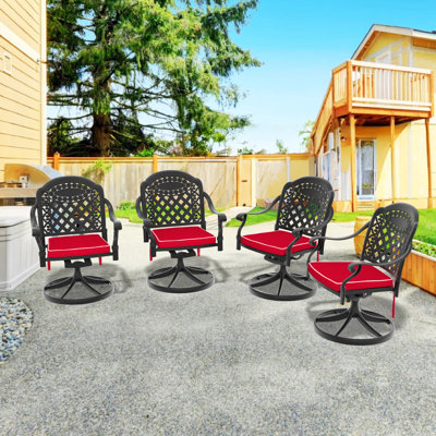 Cast Aluminum Patio Swivel Chair 4PCS With Black Frame And Red Cushions