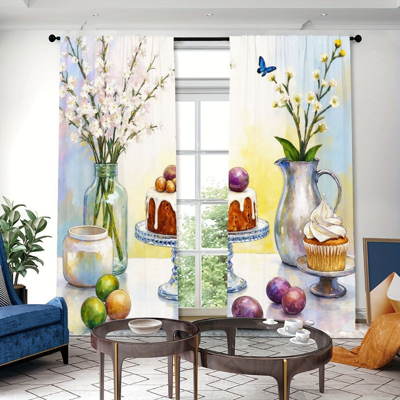 2 panneaux de rideaux filtrant la lumière avec des fleurs de cerisier et des papillons, L 52 po x H 63 po x 2 pièces