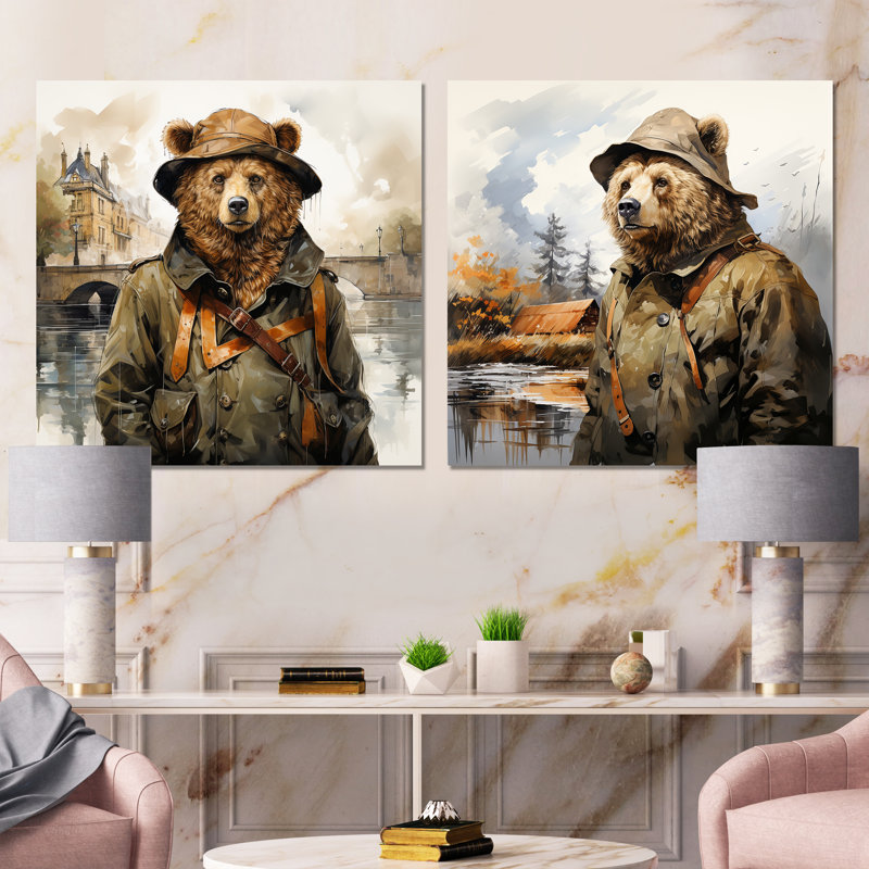 Ours en costume détective campagne I - ours, ensemble de 2 reproductions d'art sur toile, Toile tendue