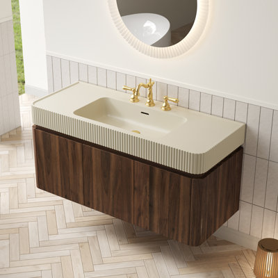 Meuble-lavabo suspendu GECO 48, lavabo intégré en surface solide beige crème avec 3 trous pré-percés pour robinetterie, démonté, robinetterie et bonde non inclus, couleur noyer.
