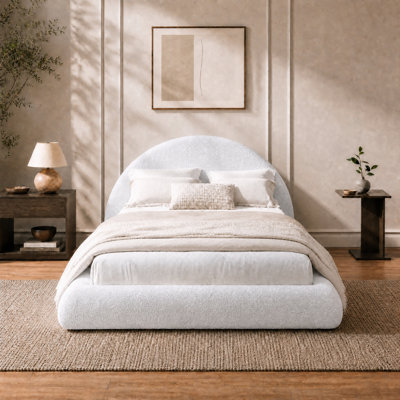 Upholstered Platform Bed Frame, Half‑Moon Arched Boucle Headboard with 5‑Inch Plush Foam Padding, Rounded Edges, Metal Slats, No Box Spring Needed, 1000 lbs Weight Capacity