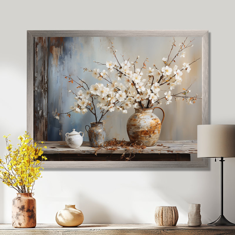 Art mural, poterie et fleurs, H 16 po x l 32 po x P 1 po, Cadre simple argenté