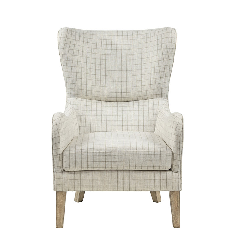 Fauteuil à oreilles Swoop beige, pieds en bois massif, dossier à oreilles, accoudoirs ronds, coussin de siège en mousse haute, tissu incliné: soutien
