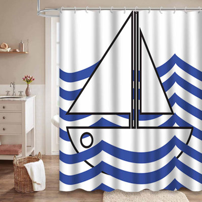 Sea Black Summer Boat White Navy Blue Shower Curtain with 12 Hooks