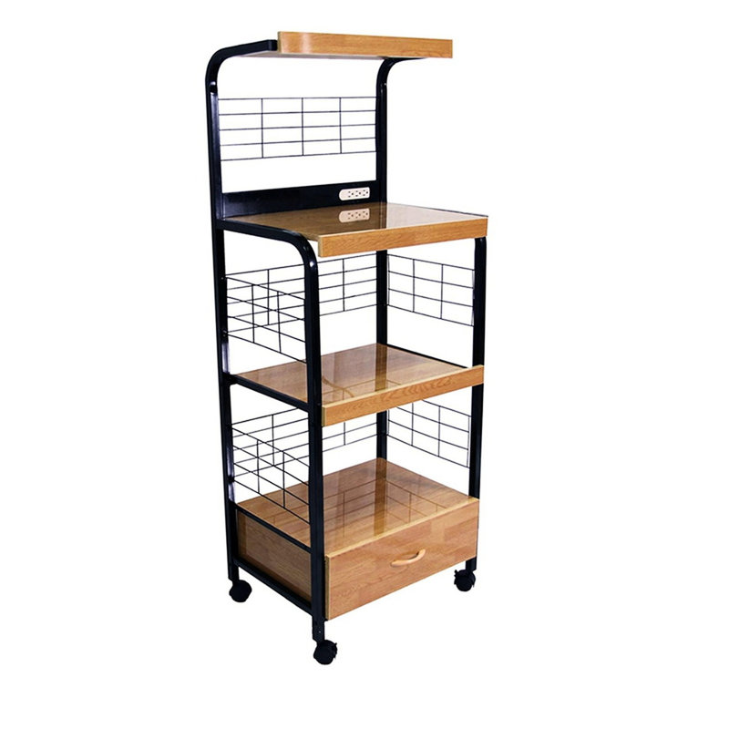 Chariot de cuisine pour 4 micro-ondes avec tiroir et prise de courant, 59,5 po de hauteur, métal noir et naturel, 4 tiroirs, grand Power